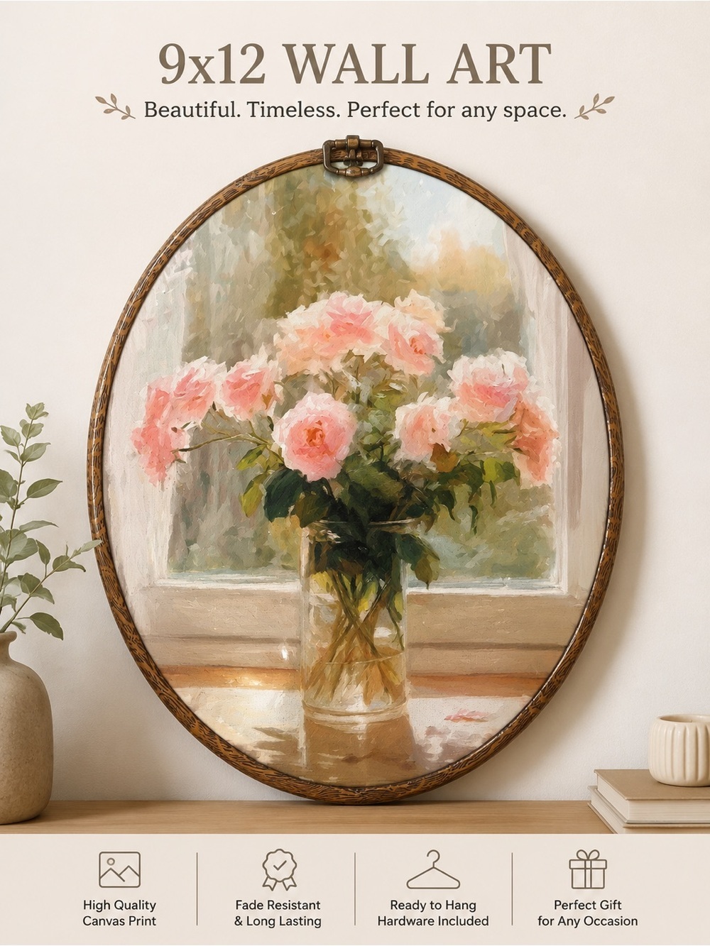 Oval Wall Art Canvas - Pink Rose Bouquet